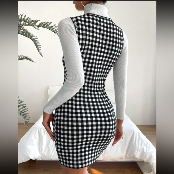 Classic Gingham Print Bodycon Fitted Pencil Dress Without Top Black White - Picture 2 of 4